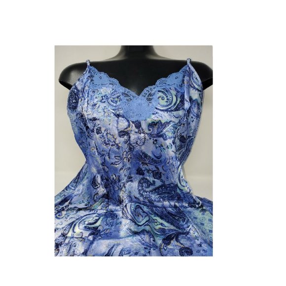 Blue & silver paisley silky CHEMISE slip Medium petite - Picture 3 of 9